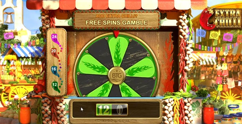 The Free Spins Gamble Wheel in Extrs Chilli slot. 