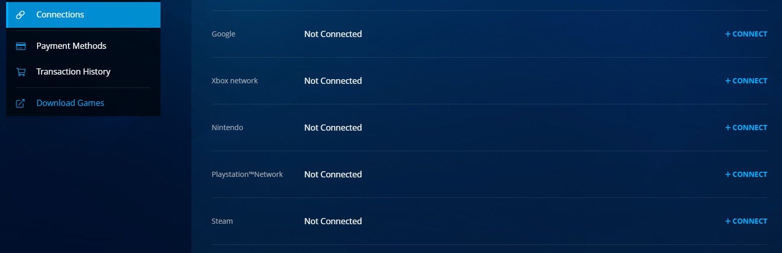 Battle.net connection page on player account, where different platform accounts can be linked. 