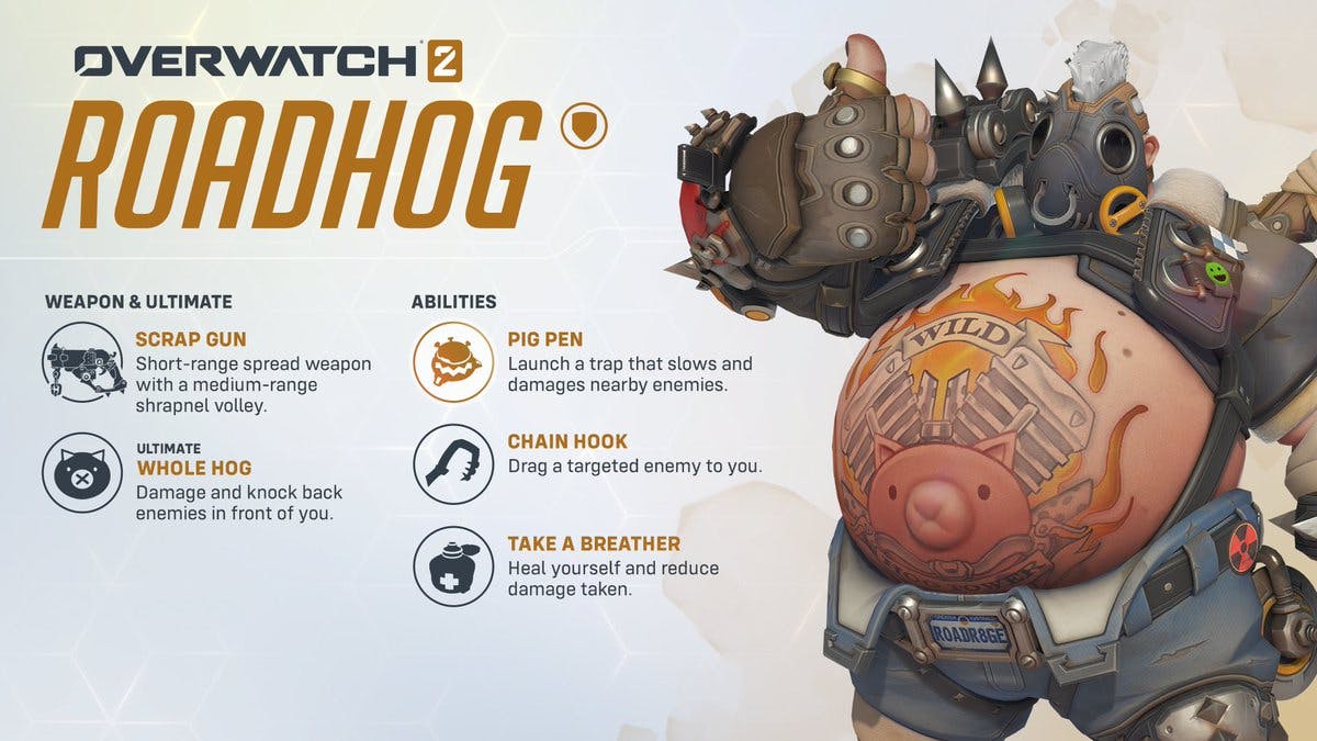 Roadhog's rework in Overwatch 2 includes the new Pig Pen ability and modified Take a Breather. 