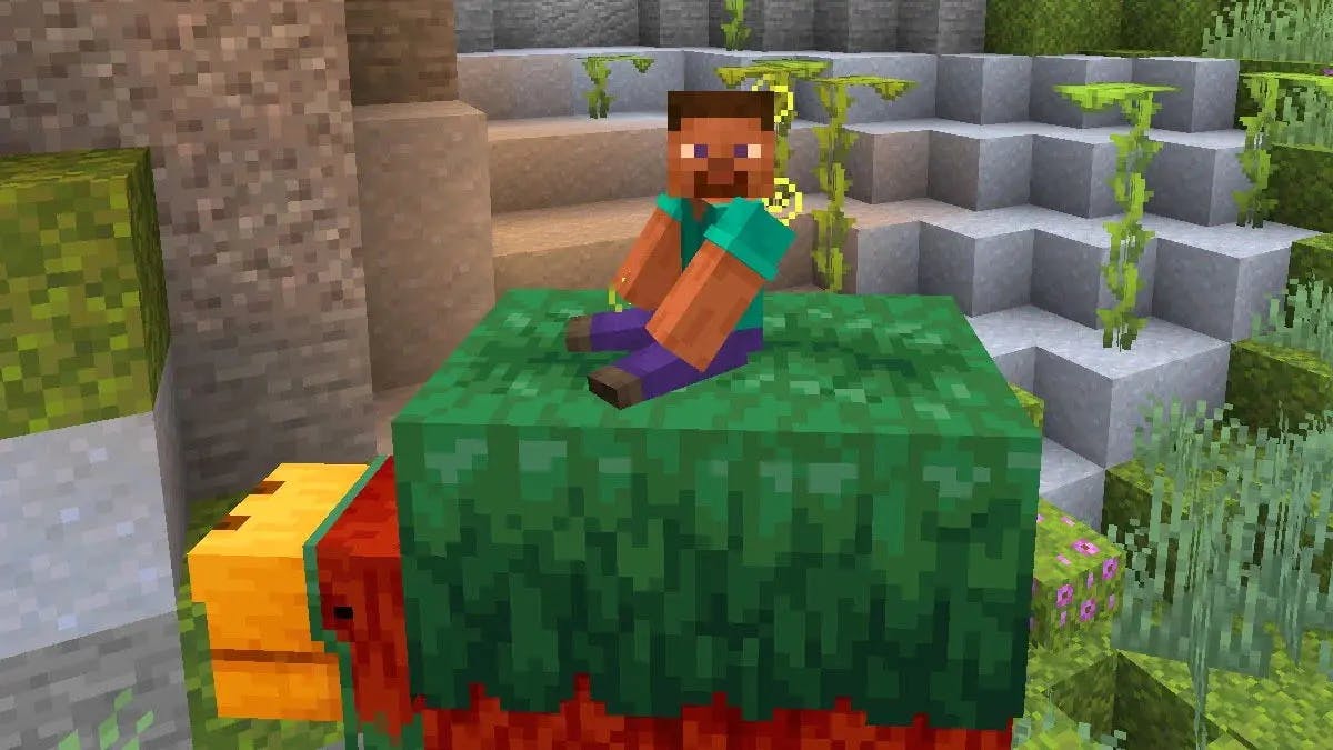 A default Minecraft player charatcer riding a Sniffer in Creative Mode. 
