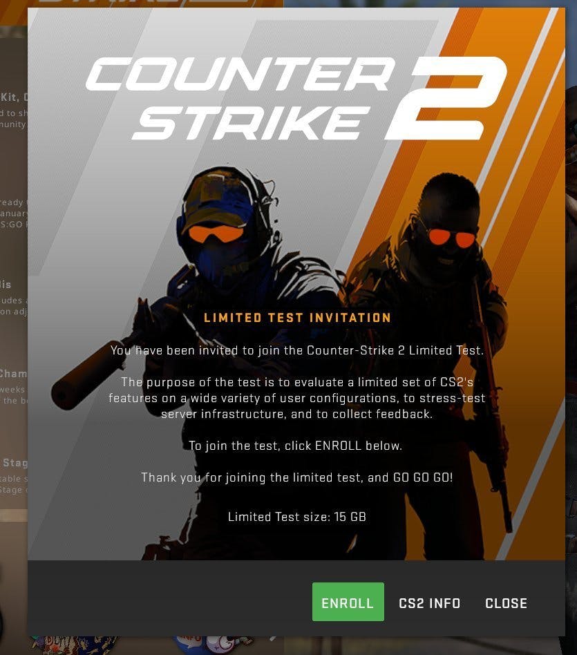 The Counter-Strike 2 invitation upon logging into CS:GO. 