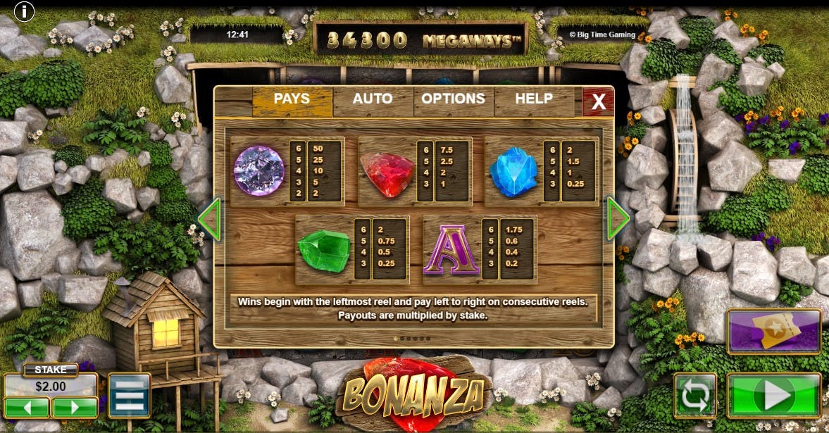 The values of the gemstones in Bonanza slots are above. The purple diamond can reward 50x your wager. 