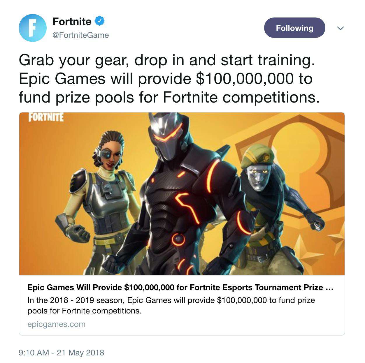 Epic Games Fortnite Tweet $100M