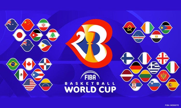 FIBA Basketball World Cup 2023 and the flags of 32 all competing teams. 