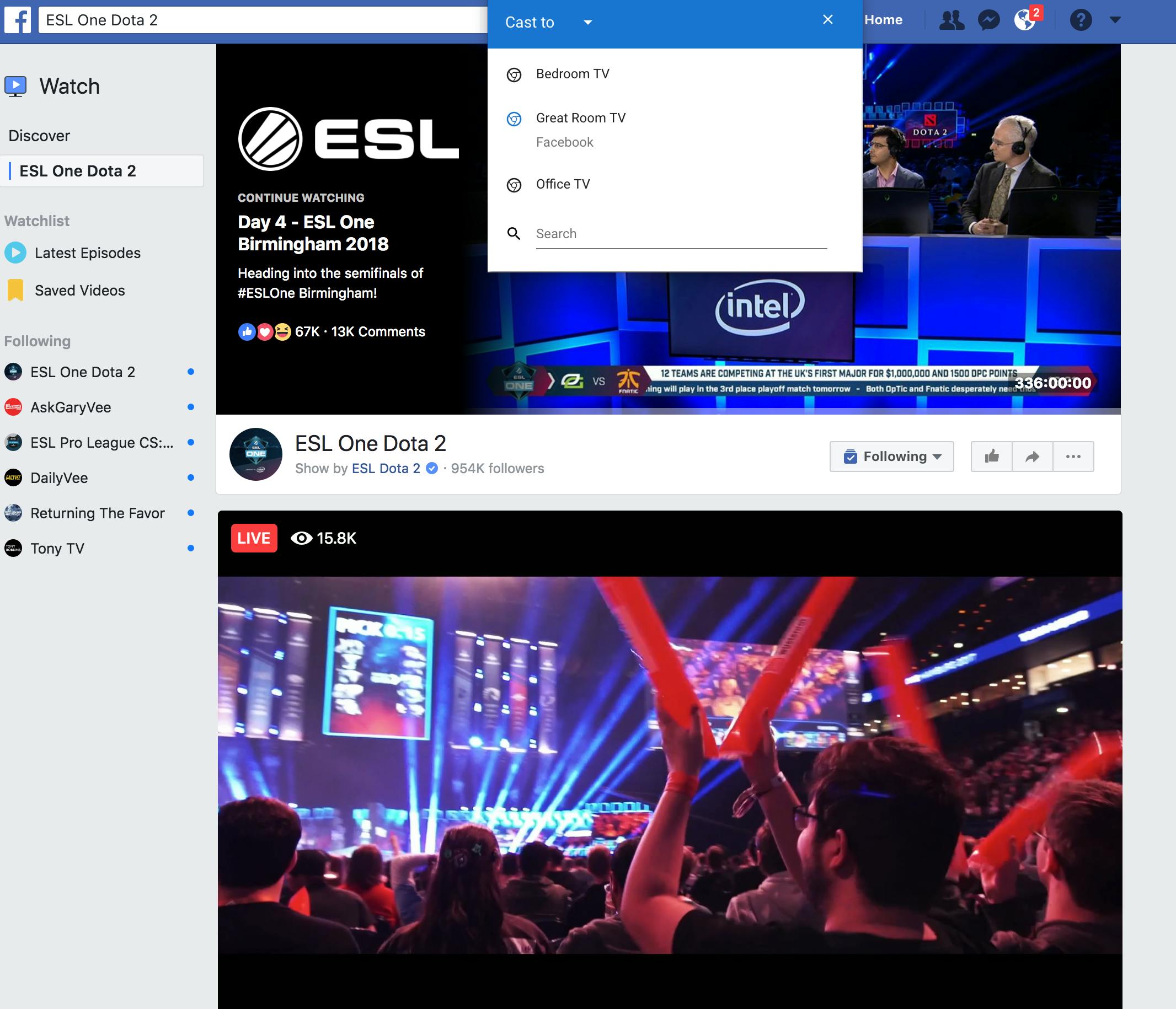 Watch ESL One Facebook Chrome