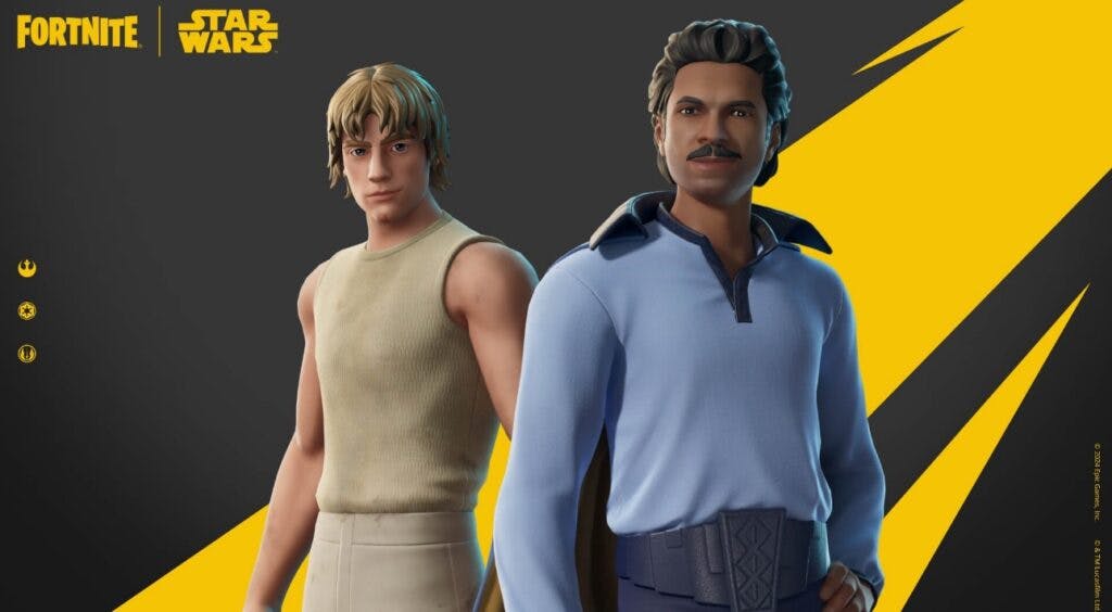 New Star Wars Fortnite skins: Dagobah Luke Skywalker and Lando Cassian. 