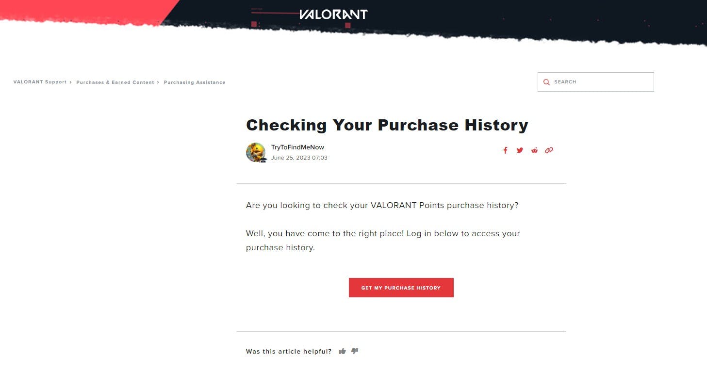 VALORANT purchase history screen via Riot Support