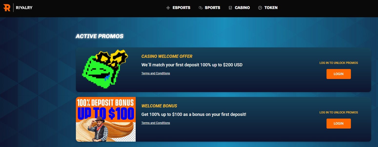 Rivalry promotions page including welcome bonuses and casino-specific promotions