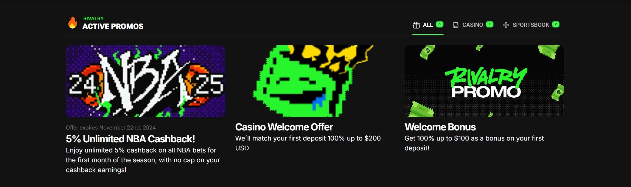 Active Promos on Rivalry including casino welcome bonus