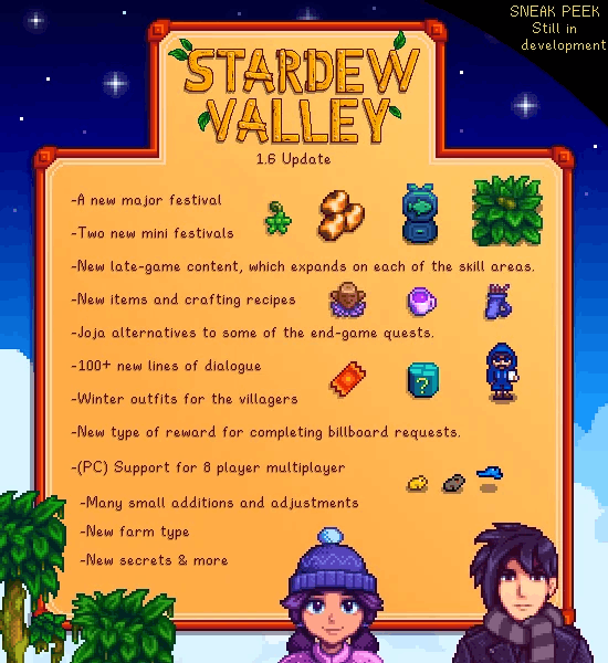Here's a list including all the new content coming in Stardew Valley 1.6, including new festivals, NPC dialogue, and crafting recipes. 