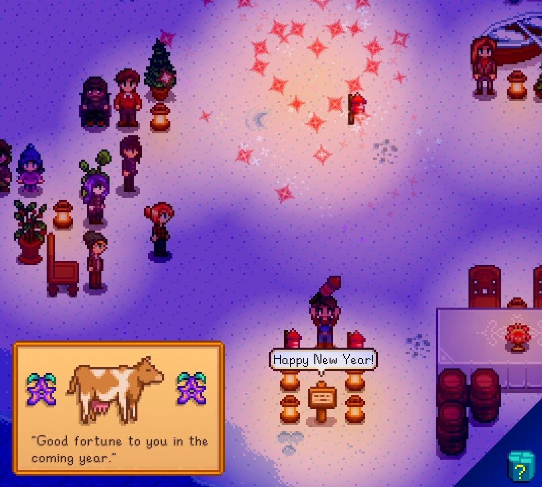 A sneak peak of the New Year festival coming in the Stardew Valley 1.6 update. 